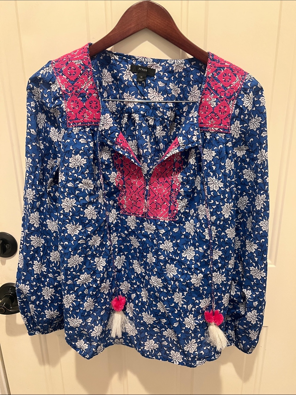 J Crew boho Blue Floral Embroidered Peasant Top with Pink Accents and tassels